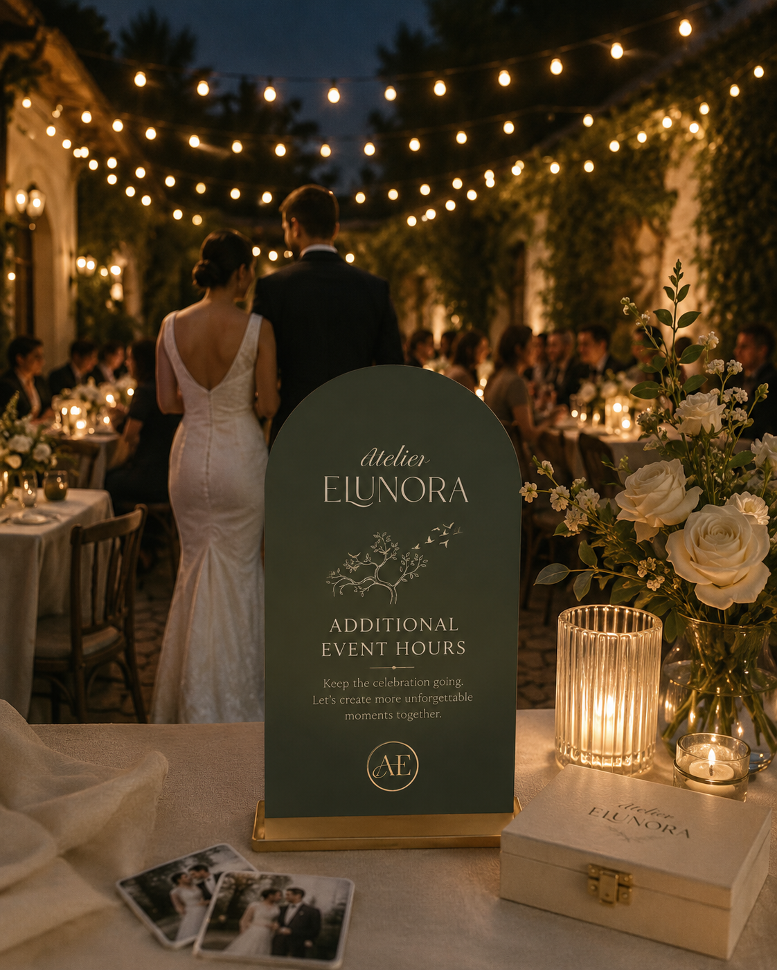 Elegant evening wedding reception representing an additional Atelier Elunora event hour