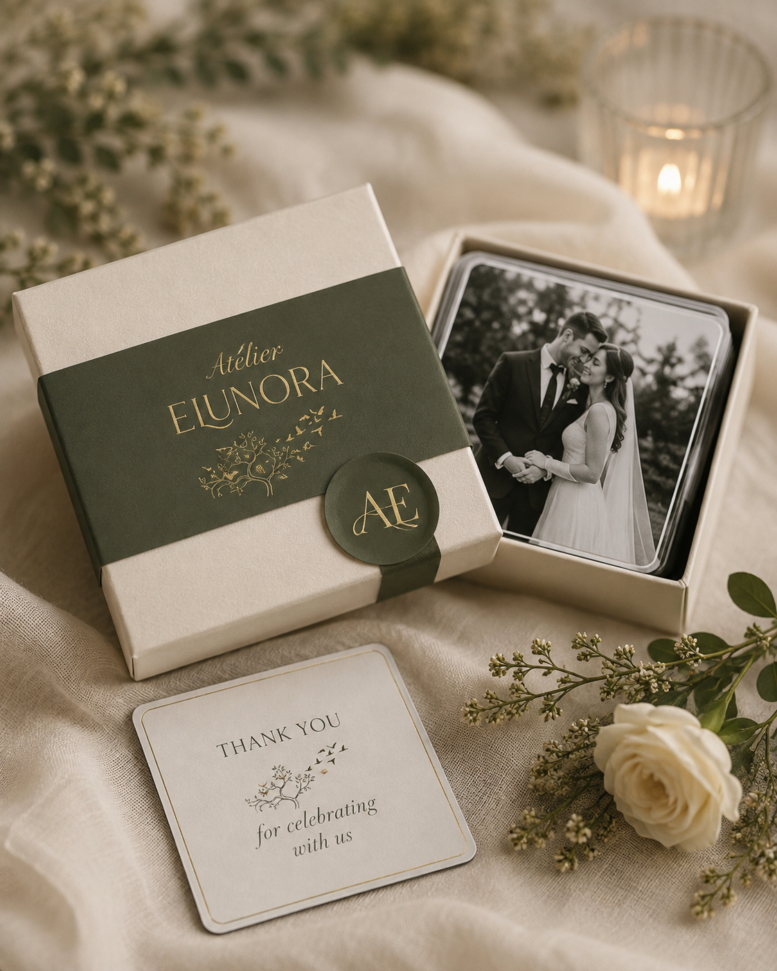 Atelier Elunora premium wedding photo magnet collection packaging for the couple