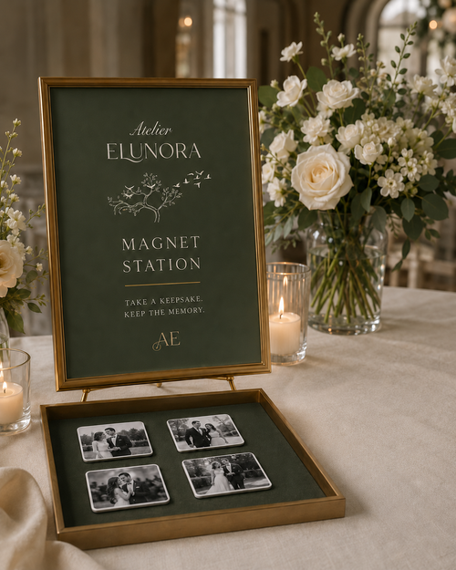 Atelier Elunora magnet station with framed signage and a tray of photo magnets