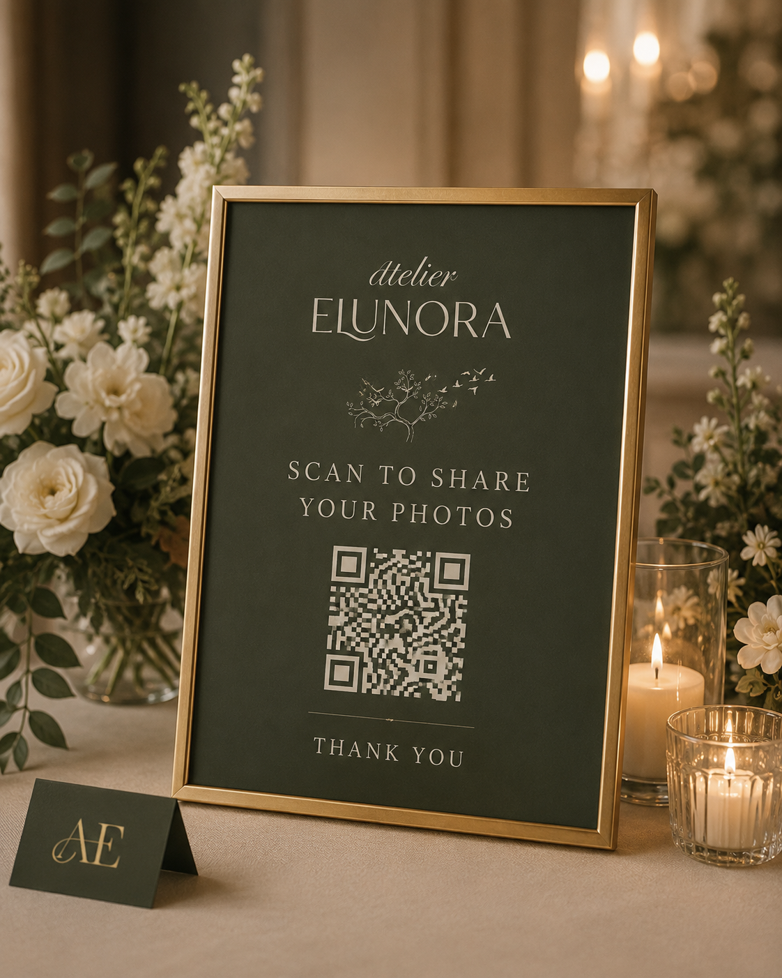 Atelier Elunora coordinated premium event signage suite with QR upload display